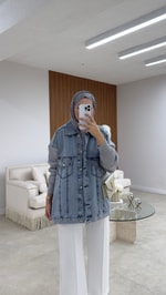 Triko Detaylı Denim Ceket Mavi