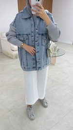 Triko Detaylı Denim Ceket Mavi