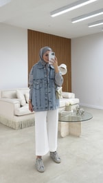 Triko Detaylı Denim Ceket Mavi