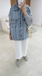 Triko Detaylı Denim Ceket Mavi