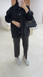 Triko Detaylı Denim Ceket Siyah