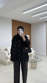 Triko Detaylı Denim Ceket Siyah