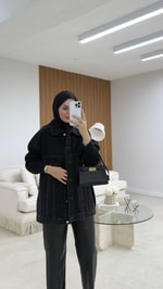 Triko Detaylı Denim Ceket Siyah