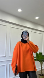 Turuncu - Basic Bisiklet Yaka Sweatshirt