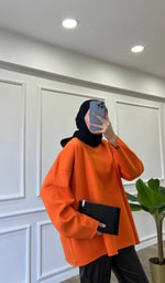 Turuncu - Basic Bisiklet Yaka Sweatshirt