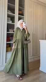 V Yaka Krinkıl Elbise Haki