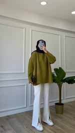 Yağ Yeşili Basic Bisiklet Yaka Sweatshirt 