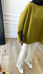 Yağ Yeşili Basic Bisiklet Yaka Sweatshirt 
