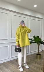 Yağ Yeşili Fitilli Boğazlı Sweatshirt