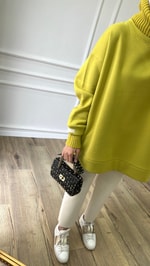 Yağ Yeşili Fitilli Boğazlı Sweatshirt