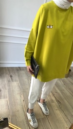 Yağ Yeşili İki İplik Emojili Sweatshirt
