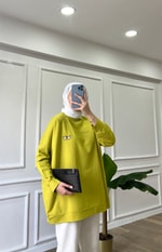 Yağ Yeşili İki İplik Emojili Sweatshirt
