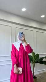 Yaka Detaylı Kat Elbise - Pembe