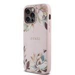 Apple iPhone 14 Pro Max Kılıf Guess Orjinal Lisanslı M-safe Şarj Özellikli Taneli Çiçek Tasarımlı Metal Yazı Logolu Kapak