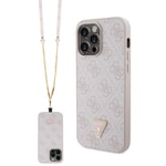 Apple iPhone 14 Pro Max Kılıf Guess Orjinal Lisanslı PU Deri Taşlı Metal Üçgen Logolu Çapraz Vücut Askılı 4G Desenli Kapak