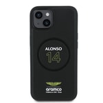 Apple iPhone 15 Kılıf Aston Martin Orjinal Lisanslı M-safe Şarj Özellikli PU Deri Alonso 14 Baskılı Kapak