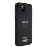 Apple iPhone 15 Kılıf Aston Martin Orjinal Lisanslı M-safe Şarj Özellikli PU Deri Alonso 14 Baskılı Kapak