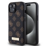 Apple iPhone 15 Kılıf Guess M-safe Şarj Özellikli PU Deri Desenli Metal Plaka Logolu Kapak