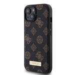 Apple iPhone 15 Kılıf Guess M-safe Şarj Özellikli PU Deri Desenli Metal Plaka Logolu Kapak