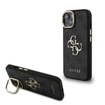 Apple iPhone 15 Kılıf Guess Orjinal Lisanslı PU Deri 4G Desenli Metal Büyük 4G ve Yazı Logolu Kamera Standlı Kapak