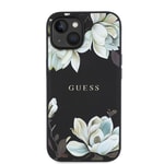 Apple iPhone 15 Kılıf Guess Orjinal Lisanslı M-safe Şarj Özellikli Taneli Çiçek Tasarımlı Metal Yazı Logolu Kapak