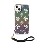Apple iPhone 15 Kılıf Guess Orjinal Lisanslı Desenli Yazı Logolu Askı İpli Holografik Glitter Peony Kapak
