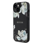 Apple iPhone 15 Kılıf Guess Orjinal Lisanslı M-safe Şarj Özellikli Taneli Çiçek Tasarımlı Metal Yazı Logolu Kapak