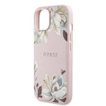 Apple iPhone 15 Kılıf Guess Orjinal Lisanslı M-safe Şarj Özellikli Taneli Çiçek Tasarımlı Metal Yazı Logolu Kapak