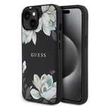Apple iPhone 15 Kılıf Guess Orjinal Lisanslı M-safe Şarj Özellikli Taneli Çiçek Tasarımlı Metal Yazı Logolu Kapak