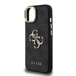 Apple iPhone 15 Kılıf Guess Orjinal Lisanslı PU Deri 4G Desenli Metal Büyük 4G ve Yazı Logolu Kamera Standlı Kapak