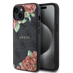 Apple iPhone 15 Kılıf Guess Orjinal Lisanslı M-safe Şarj Özellikli Gül Baskılı 4G Desenli Yazı Logolu Kapak