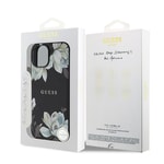 Apple iPhone 15 Kılıf Guess Orjinal Lisanslı M-safe Şarj Özellikli Taneli Çiçek Tasarımlı Metal Yazı Logolu Kapak