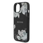 Apple iPhone 15 Kılıf Guess Orjinal Lisanslı M-safe Şarj Özellikli Taneli Çiçek Tasarımlı Metal Yazı Logolu Kapak