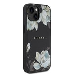 Apple iPhone 15 Kılıf Guess Orjinal Lisanslı M-safe Şarj Özellikli Taneli Çiçek Tasarımlı Metal Yazı Logolu Kapak