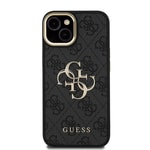Apple iPhone 15 Kılıf Guess Orjinal Lisanslı PU Deri 4G Desenli Metal Büyük 4G ve Yazı Logolu Kamera Standlı Kapak