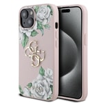 Apple iPhone 15 Kılıf Guess Orjinal Lisanslı Gül Baskılı Büyük Metal Logo Dizaynlı Kapak