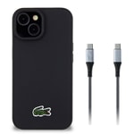 Apple iPhone 15 Kılıf Lacoste Orjinal Lisanslı PU Pike Desenli Arka Yüzey İkonik Timsah Dokuma Logolu Kapak + Type-C Kablo 1.5m