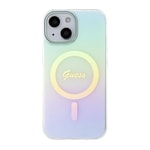 Apple iPhone 15 Plus Kılıf Guess Orjinal Lisanslı M-safe Şarj Özellikli Yazı Logolu Iridescent Kapak