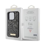 Apple iPhone 15 Pro Kılıf Guess Orjinal Lisanslı Taşlı Arka Yüzey Metal Yazı Logolu Kapak