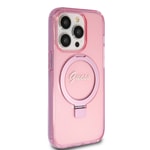 Apple iPhone 15 Pro Kılıf Guess Orjinal Lisanslı M-safe Şarj Özellikli Simli Arka Yüzey Ring Standlı Kapak