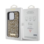 Apple iPhone 15 Pro Kılıf Guess Orjinal Lisanslı Taşlı Arka Yüzey Metal Yazı Logolu Kapak