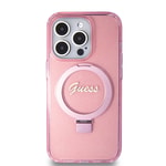 Apple iPhone 15 Pro Kılıf Guess Orjinal Lisanslı M-safe Şarj Özellikli Simli Arka Yüzey Ring Standlı Kapak