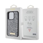 Apple iPhone 15 Pro Kılıf Guess Orjinal Lisanslı Taşlı Arka Yüzey Metal Yazı Logolu Kapak