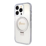 Apple iPhone 15 Pro Kılıf Guess Orjinal Lisanslı M-safe Şarj Özellikli Simli Arka Yüzey Ring Standlı Kapak