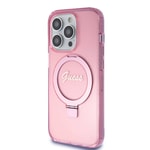 Apple iPhone 15 Pro Kılıf Guess Orjinal Lisanslı M-safe Şarj Özellikli Simli Arka Yüzey Ring Standlı Kapak