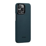 Apple iPhone 15 Pro Kılıf M-safe Şarj Özellikli 1500D Aramid Fiber Pitaka Ultra-Slim Classic Serisi Black-Blue Twill Kapak