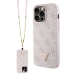 Apple iPhone 15 Pro Max Kılıf Guess Orjinal Lisanslı PU Deri Askılı Taşlı Üçgen Logo 4G Desenli Strass Crossbody Kapak