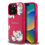 Apple iPhone 15 Pro Max Kılıf Guess Orjinal Lisanslı M-safe Şarj Özellikli Taneli Çiçek Tasarımlı Metal Yazı Logolu Kapak
