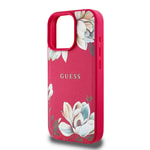 Apple iPhone 15 Pro Max Kılıf Guess Orjinal Lisanslı M-safe Şarj Özellikli Taneli Çiçek Tasarımlı Metal Yazı Logolu Kapak