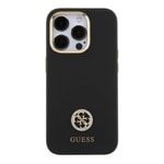 Apple iPhone 15 Pro Max Kılıf Guess Orjinal Lisanslı Yazı ve Taşlı 4G Logolu Metal Kamera Çerçeveli Silikon Kapak